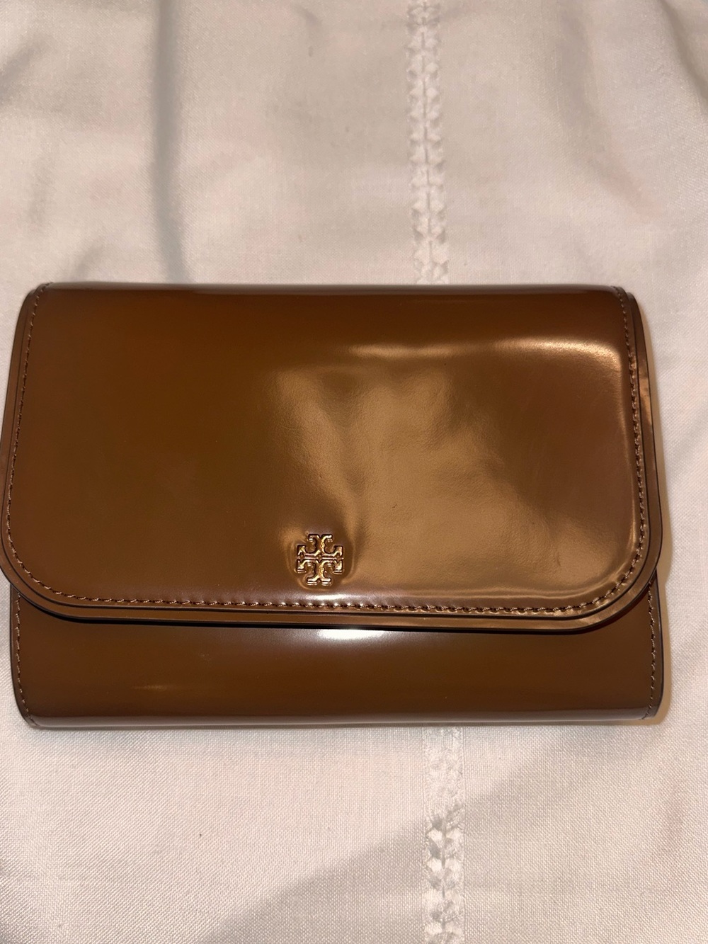 Tory Burch Cognac Glossy Leather Foldover Wallet